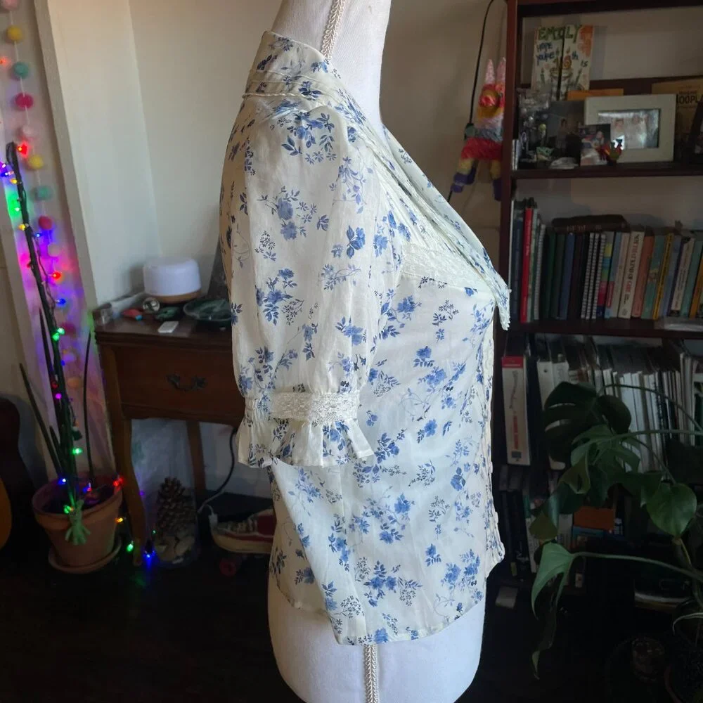 Reformation Cream and Blue Floral Puff Sleeve Blouse